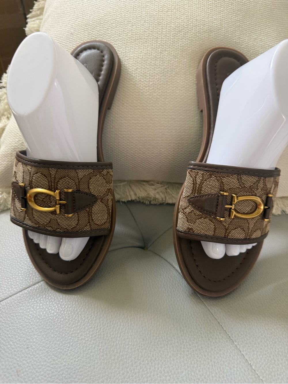 Coach Brown Signature Canvas Slide Sandals with Gold Hardware